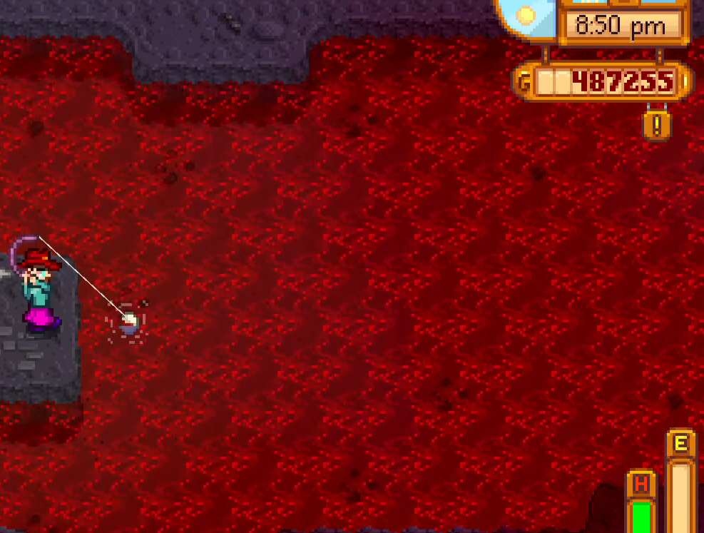 Image of a Stardew Valley character fishing in lava.