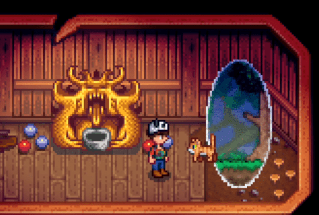 Image of a cat walking out of a portal in Stardew Valley.