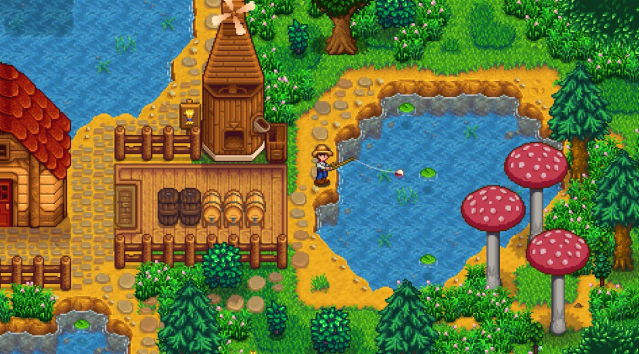 Image of a character in Stardew Valley fishing.