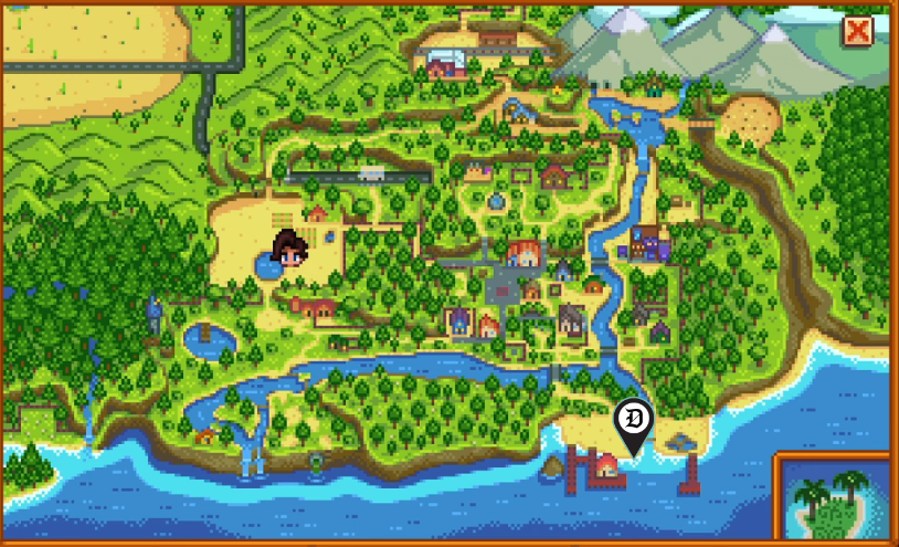 Image of the map of Stardew Valley showing the location of the Trout Derby.