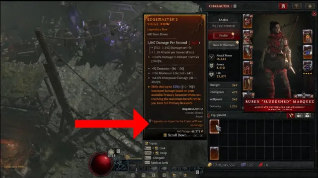 Red arrow pointing to new salvage upgrade for codex Diablo 4