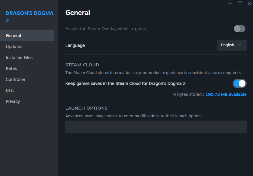 General settings for Dragon's Dogma 2 on Steam