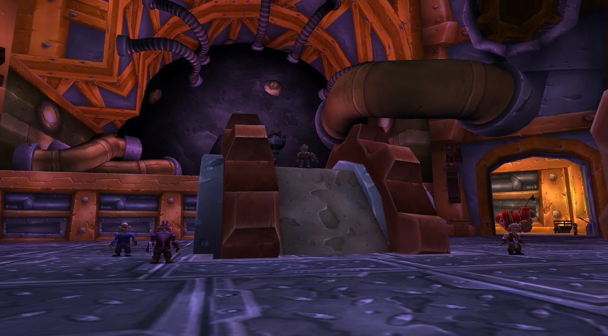 The King of Gnomes Mekkatorque on his coglike pillar in Ironforge's Tinker Town sector