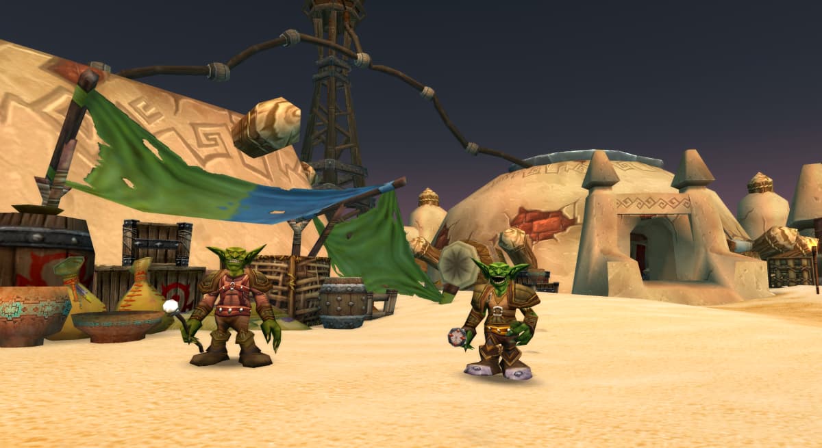 Two goblins patrolling the streets of Gadgetzan in WoW Classic
