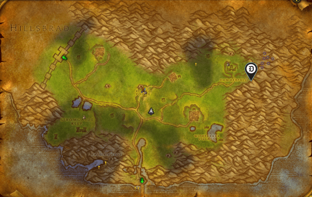 Favor for Krazek quest location, cave entrance location marked on an Arathi Highlands map in WoW Classic