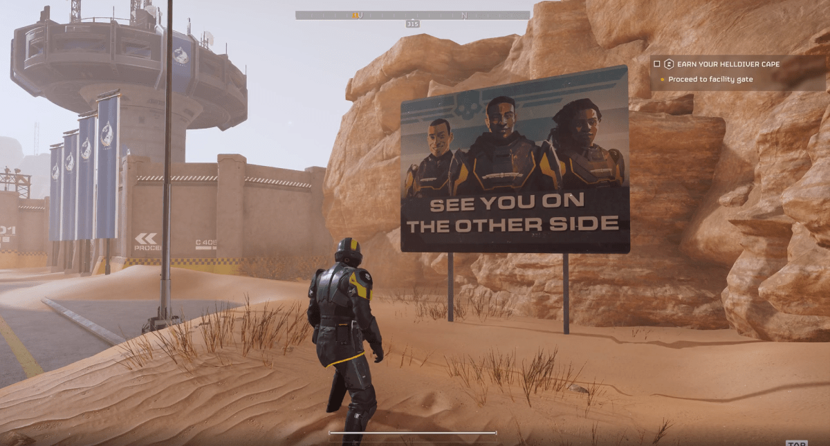 An in game image of a player looking at a billboard in Helldivers 2