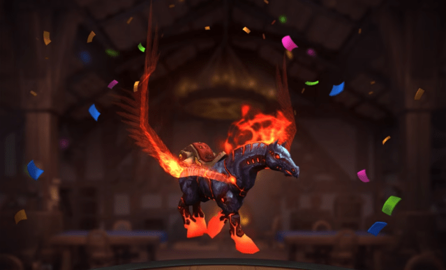 Promo image for the Fiery Hearthsteed mount in World of Warcraft, earned by logging into both WoW and Hearthstone during the 10th anniversary event of Hearthstone