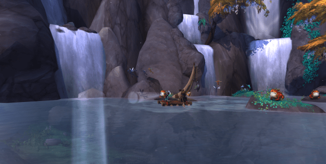 A WoW character riding the Cataloger's Raft in WoW Dragonflight through Thaldraszus