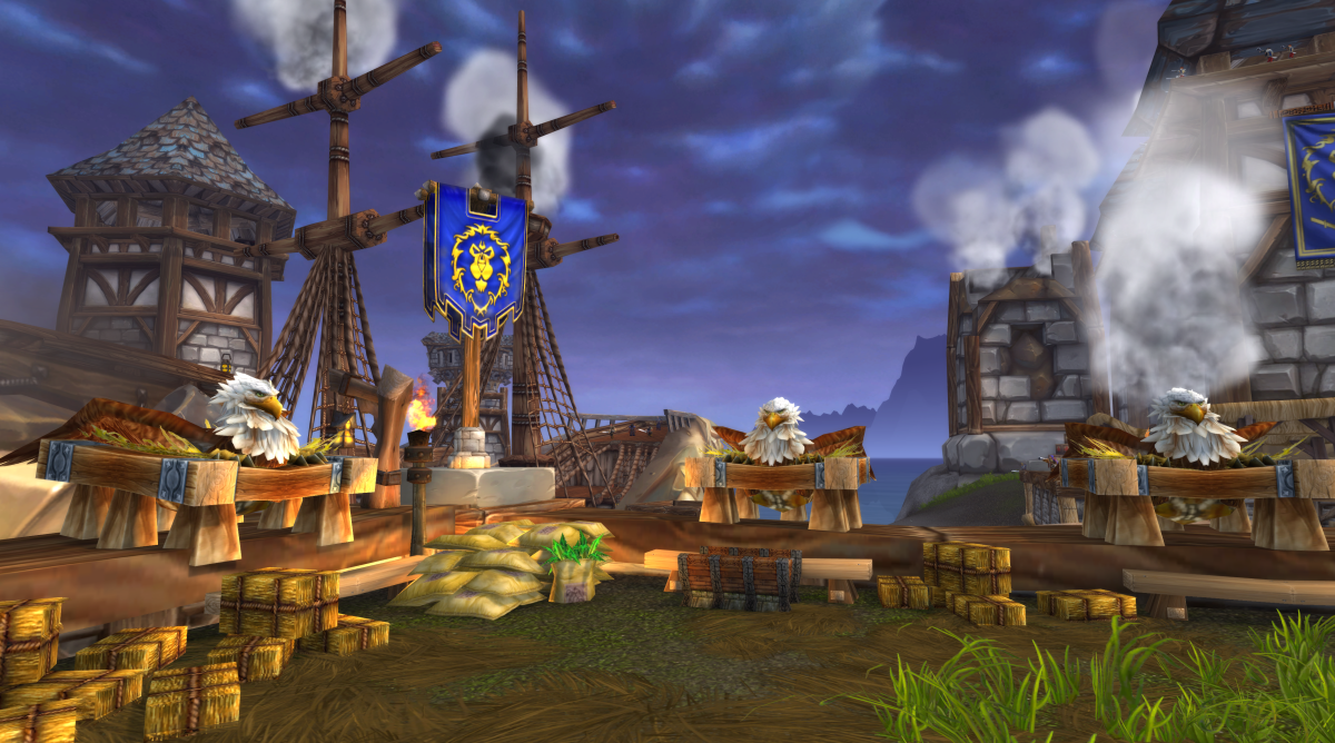 Gryphons in the Twilight Highlands posted up at the flight master at Highbank in World of Warcraft