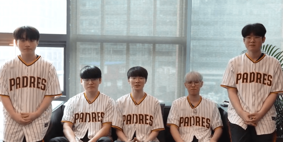 The starting lineup for T1's League of Legends team wearing San Diego Padres jerseys