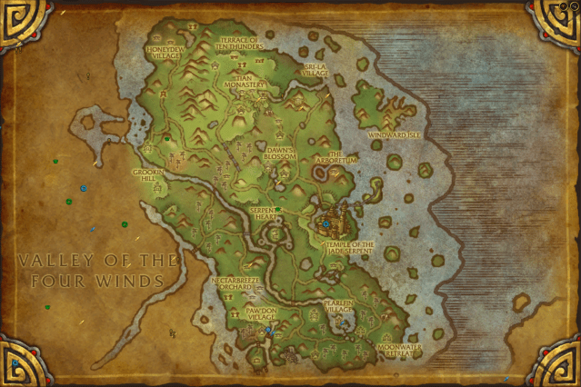 Map of the Jade Forest in WoW Mists of Pandaria, fully explored with the Valley of the Four Winds right next door