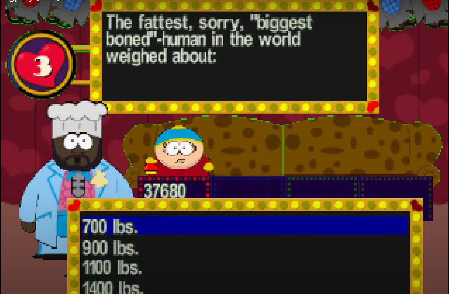 An in game screenshot of Chef asking Cartman a question from Chef's Luv Shack