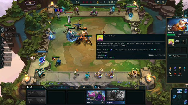 A screenshot of a game of TFT with Kobuko's Money Dance ability displayed.
