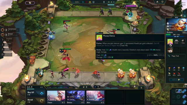 Kobuko stands on the far right of a player board in Teamfight Tactics.