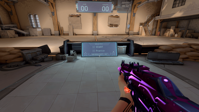 Reyna aiming a Vandal at the Skills Test screen in VALORANT Practice Range