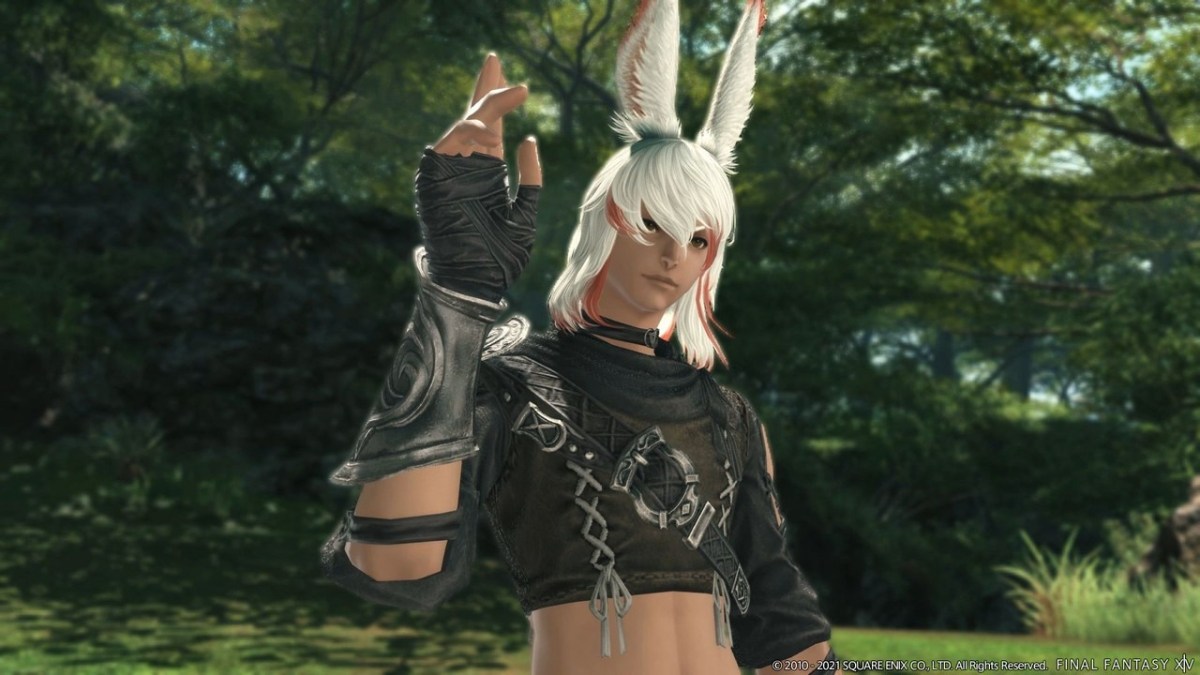 Screenshot of a character making a peace sign at the camera in FFXIV
