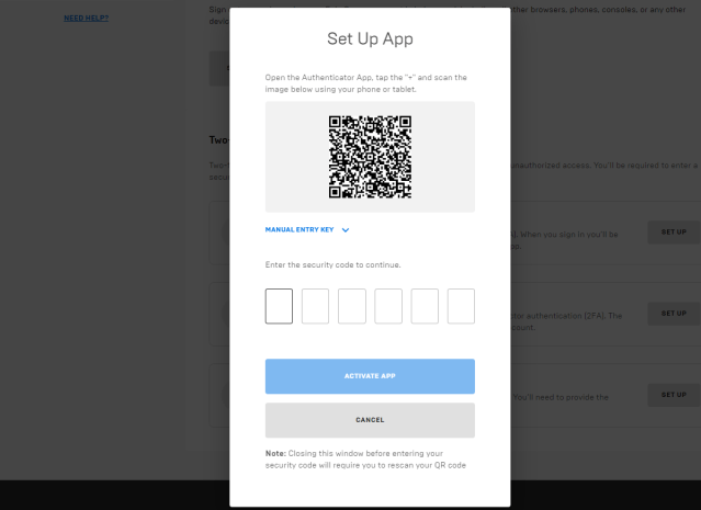 A snap of Epic Games' 2FA Authenticator app linking process