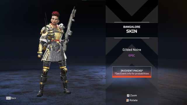 The Gilded Noire Bangalore skin from the Apex Legends Shadow Society collection event.