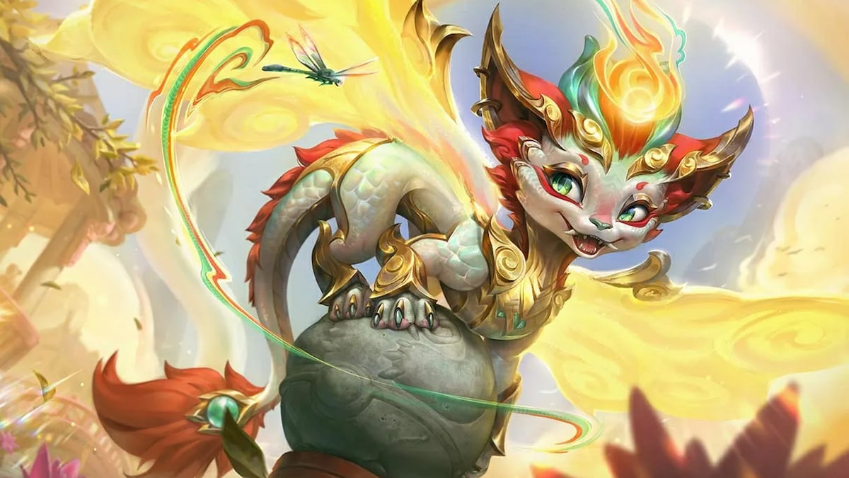 Smolder, surrounded by yellow flame and standing on a small stone in League of Legends.