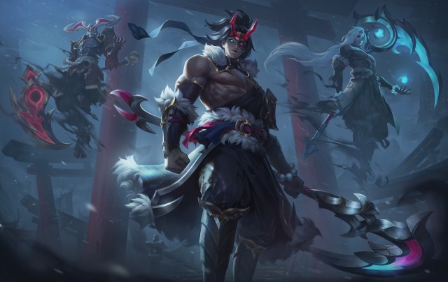 The Snow Moon Kayn skin from League of Legends, with a character wielding a pink and blue scythe.