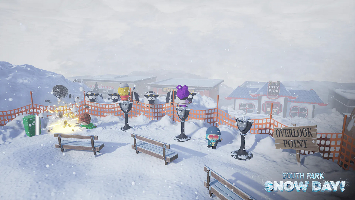 Gameplay of South Park: Snow Day! where children are playing with snowballs