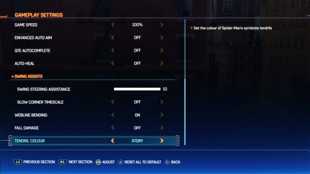 A screenshot of the Gameplay Settings menu in Spider-Man 2.