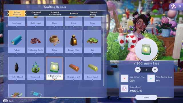 Crafting a Spring V-EGG-etable Seed in Disney Dreamlight Valley.