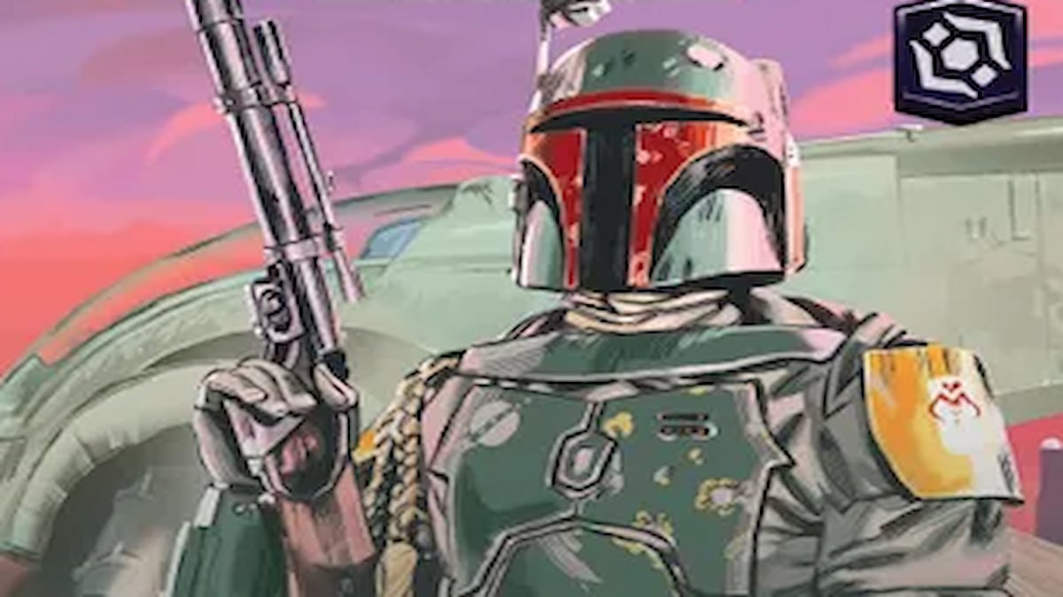 Boba Fett standing with gun raised next to starship