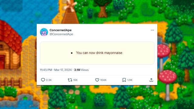 Screenshot of ConcernedApe tweet for patch notes line about mayonnaise.