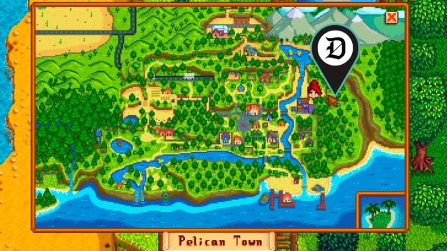 A screenshot of a map in Stardew Valley with the Bookseller's location marked.