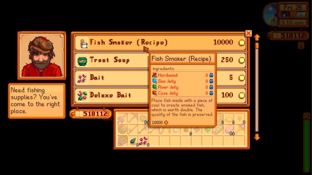 A character purchasing a Fish Smoker from Willy in Stardew Valley.