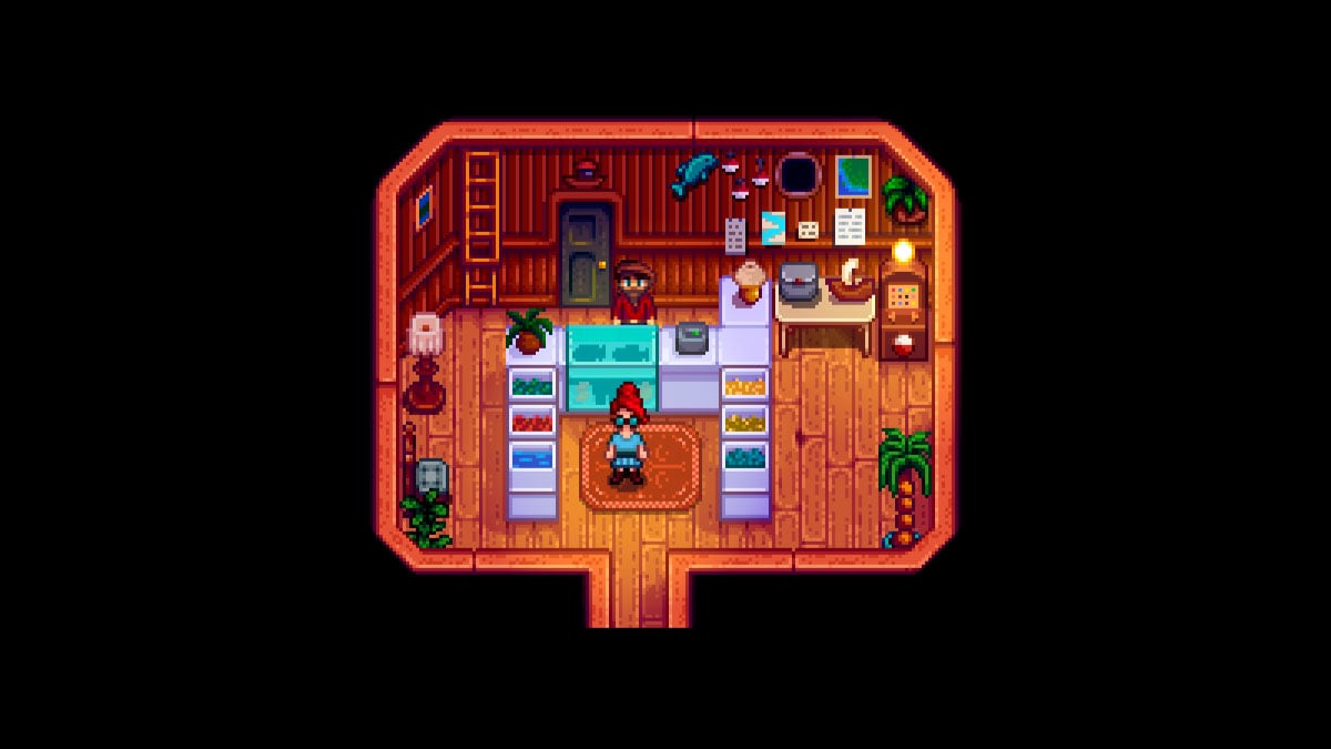 A character purchasing fish smoker from willy stardew valley