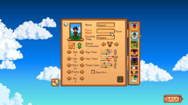 Character creation screen in Stardew Valley