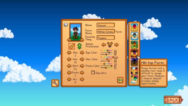Character creation with Hilltop Colony name