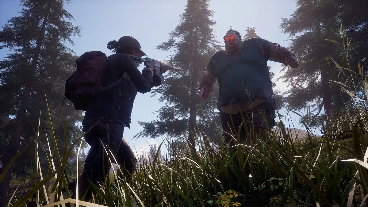 An image of the player character pointing a gun at a giant zombie in State of Decay 2.