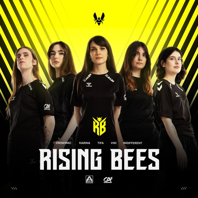 The Team Vitality Rising Bees roster, five female League of Legends players pose for a team photo.