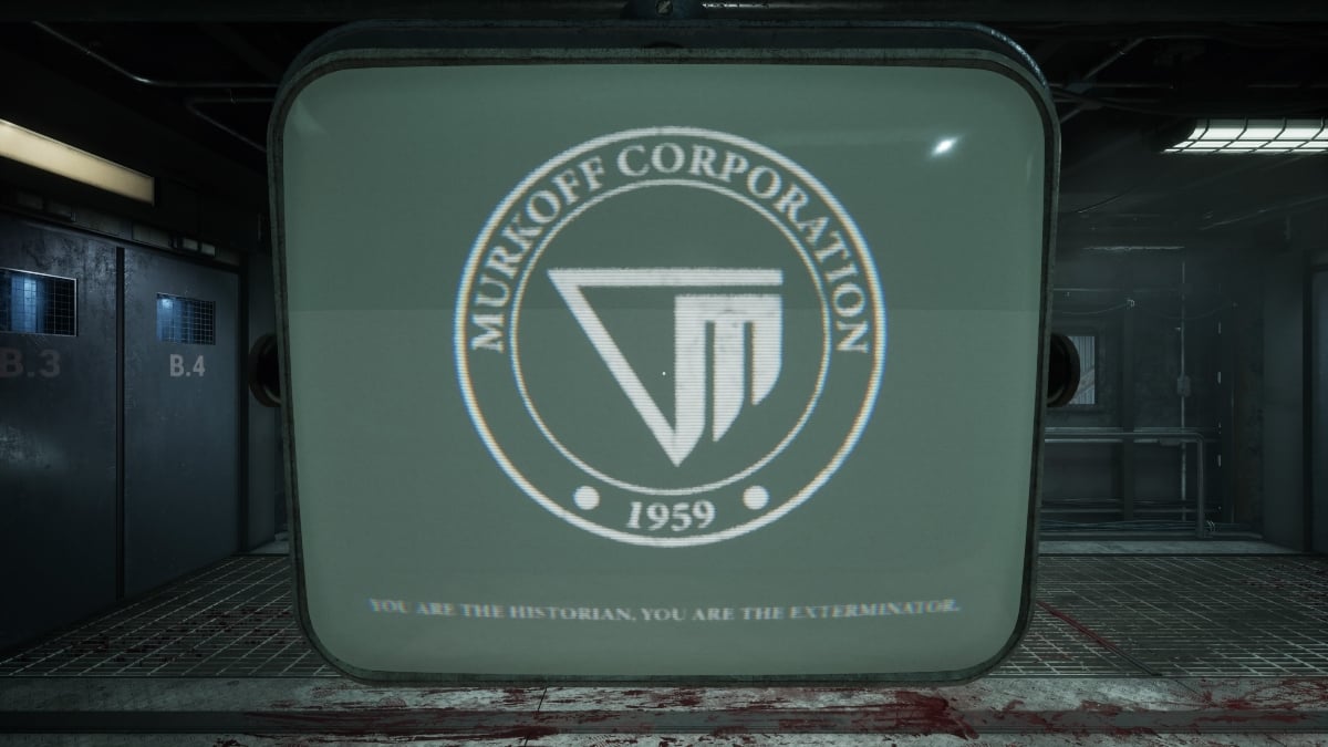 Murkoff Corporation logo on monitor before entering trial in The Oultast Trials