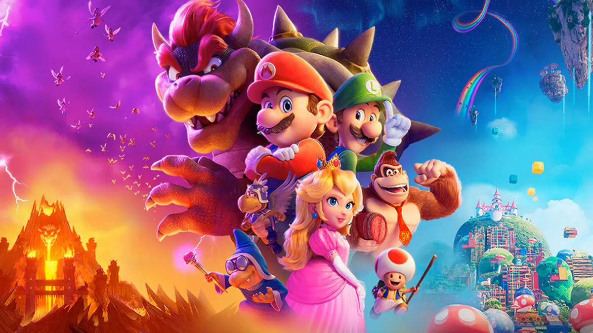 The Super Mario Bros Movie keyart featuring Bowser, Mario, Peach, Donkey Kong, and Luigi
