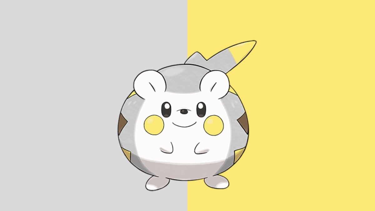 Togedemaru, a round mouse-like creature, in Pokémon Go on a silver and yellow background