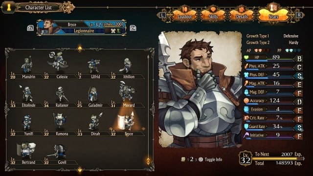 The character Bryce's stat screen in Unicorn Overlord.