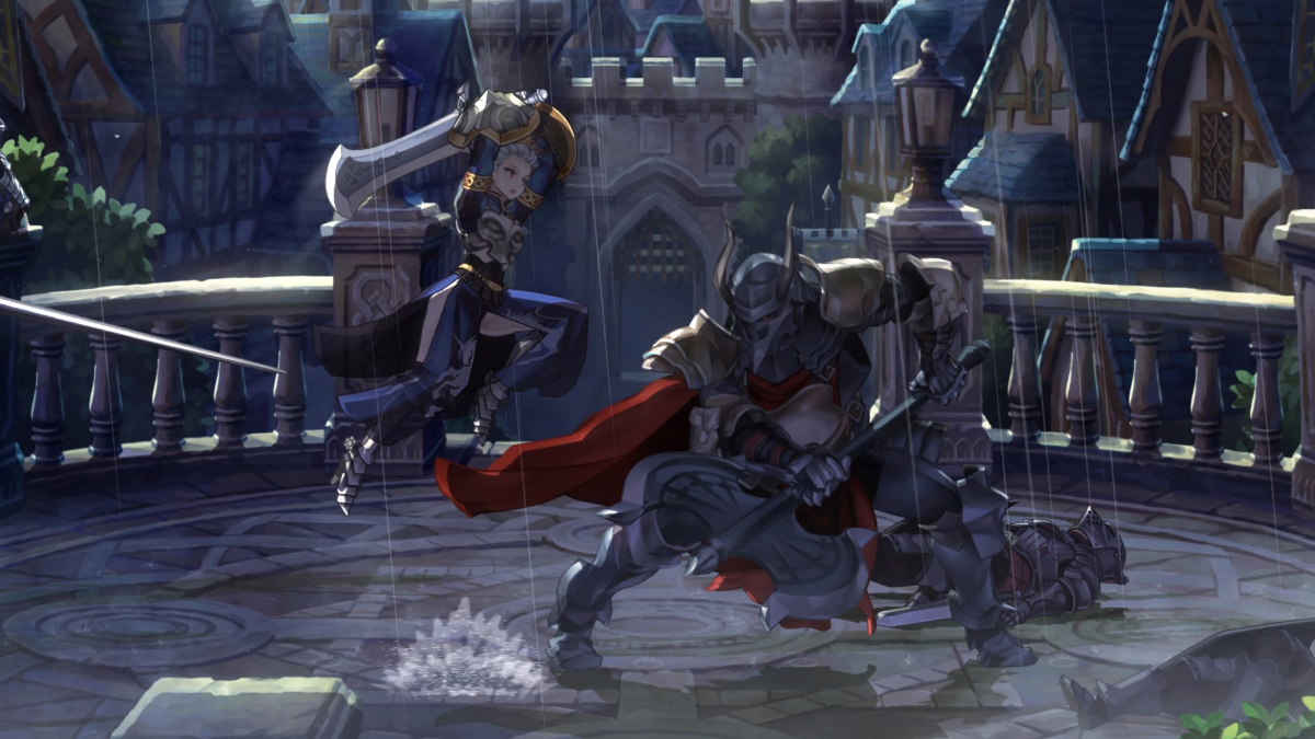 An image from the first cutscene in Unicorn Overlord where a Queen battles an evil knight.