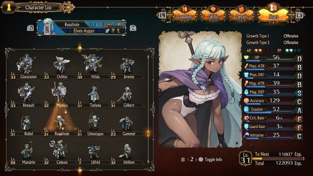 Rosalinde's stats in Unicorn Overlord.