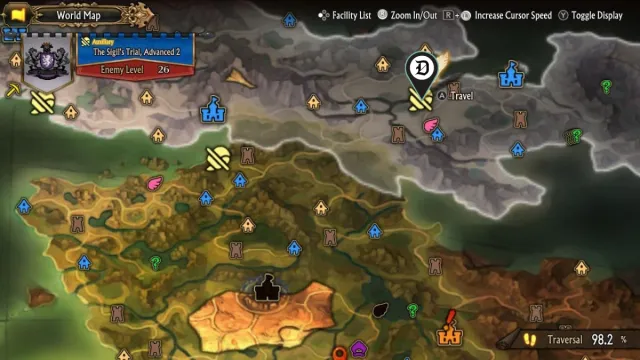 The location of the Advanced 2 difficulty Sigil Trial in Unicorn Overlord, on the game's map.