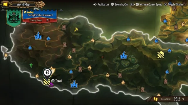The location of the Advanced 1 difficulty Sigil Trial in Unicorn Overlord, on the game's map.