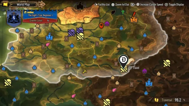 The location of the Beginner 1 difficulty Sigil Trial in Unicorn Overlord, on the game's map.