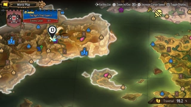 The location of the Expert 1 difficulty Sigil Trial in Unicorn Overlord, on the game's map.