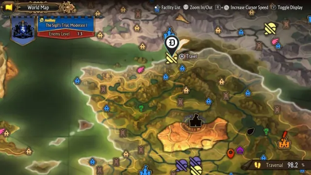 The location of the Moderate 1 difficulty Sigil Trial in Unicorn Overlord, on the game's map.