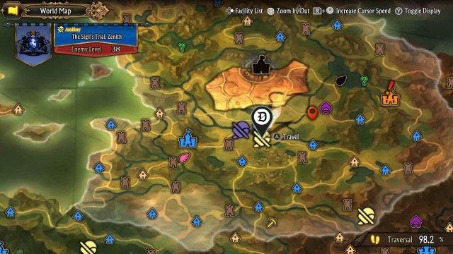 The location of the Zenith difficulty Sigil Trial in Unicorn Overlord, on the game's map.