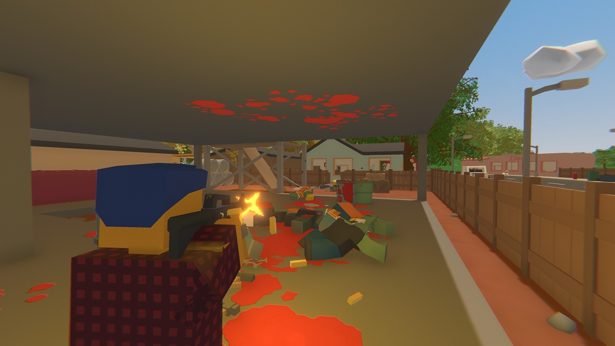 An image of the player character aiming a gun in Unturned.