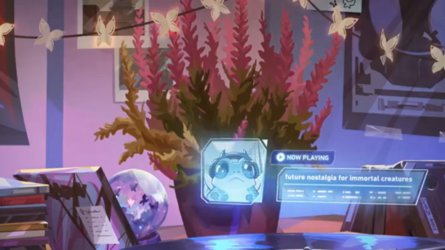 VALORANT Agent 25 teaser image of a desk with a plant, butterfly decorations, and a message.